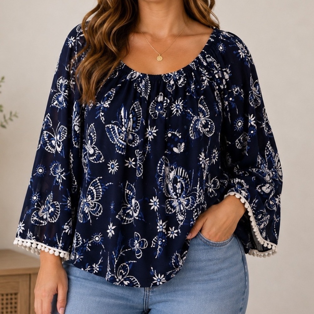 Amana 2X Butterfly Peasant Blouse Navy Cottagecore Boho Pom Pom Sleeve Plus Size